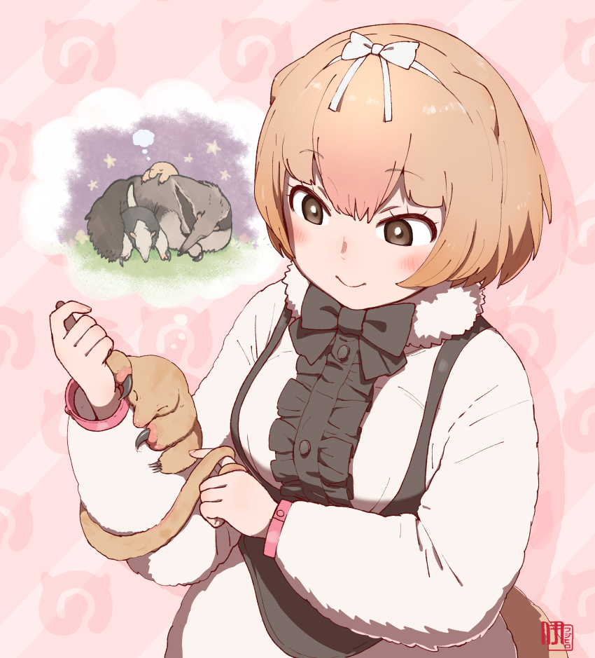 1girl absurdres animal anteater artist_logo black_bow black_bowtie blonde_hair blush bow bow_hairband bowtie brown_eyes closed_mouth creature_and_personification dress fingernails fur_collar hair_between_eyes hairband hand_up highres ito_yoki japari_symbol kemono_friends kemono_friends_3 logo long_sleeves looking_at_animal looking_at_another medium_hair multicolored_hair personification pink_hair puffy_long_sleeves puffy_sleeves silky_anteater_(kemono_friends) smile upper_body