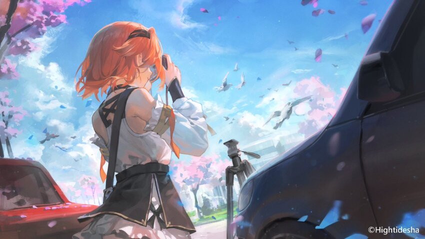 1girl back bag belt bird black_car black_hairband black_ribbon blue_flower blue_sky camera car cherry_blossoms cinnia_antimony cloud detached_sleeves dress falling_petals flower from_behind grass hairband hanami holding holding_camera indie_virtual_youtuber lawn motor_vehicle mr.lime orange_hair orange_ribbon petals pink_flower pocket red_car ribbon road short_hair shoulder_bag side-view_mirror sky solo street taking_picture tripod white_bird white_dress