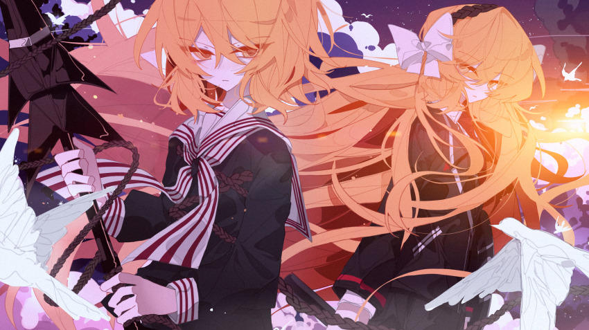 2girls arms_at_sides bird black_shirt cloud cowboy_shot dual_persona highres holding_harpoon ishmael_(project_moon) lemonail limbus_company multiple_girls orange_hair project_moon rope sailor_collar sailor_shirt shirt sky snagharpoon_(e.g.o) star_(sky) starry_sky sunset white_bird