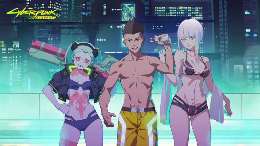 1boy 2girls absurdres bikini black_bikini breasts cd_projekt_red cyberpunk:_edgerunners cyberpunk_(series) david_martinez hagano_yoshifumi highres holding holding_juice_box jacket juice_box looking_at_viewer lucy_(cyberpunk) multiple_girls night official_art open_clothes open_jacket pool rebecca_(cyberpunk) second-party_source shorts smile swimsuit trigger_(company) water_gun yellow_shorts