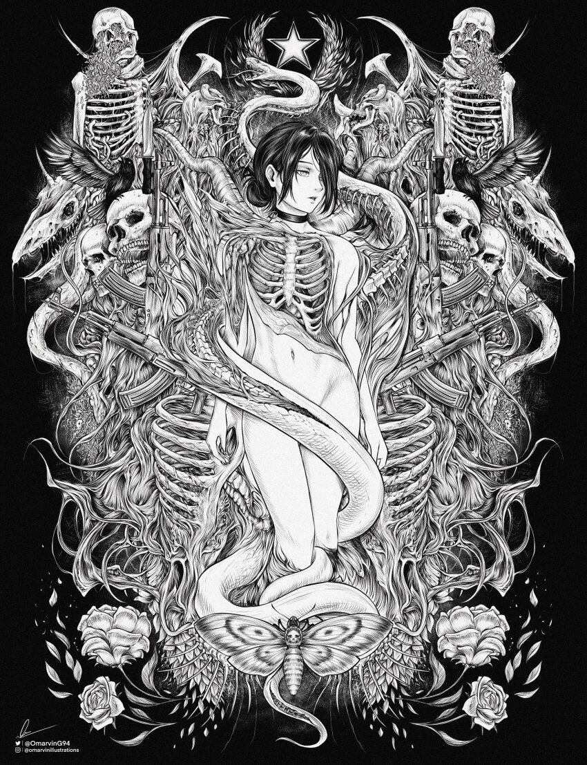 1girl absurdres ak-47 assault_rifle bare_shoulders black_choker black_hair bug chainsaw_man choker flower grenade_pin greyscale gun hair_between_eyes hair_bun highres insect instagram_logo instagram_username kalashnikov_rifle marvin_(omarvin) midriff monochrome moth navel nude reze_(chainsaw_man) ribs rifle rose signature single_hair_bun skeleton skull snake star_(symbol) stomach twitter_logo twitter_username weapon