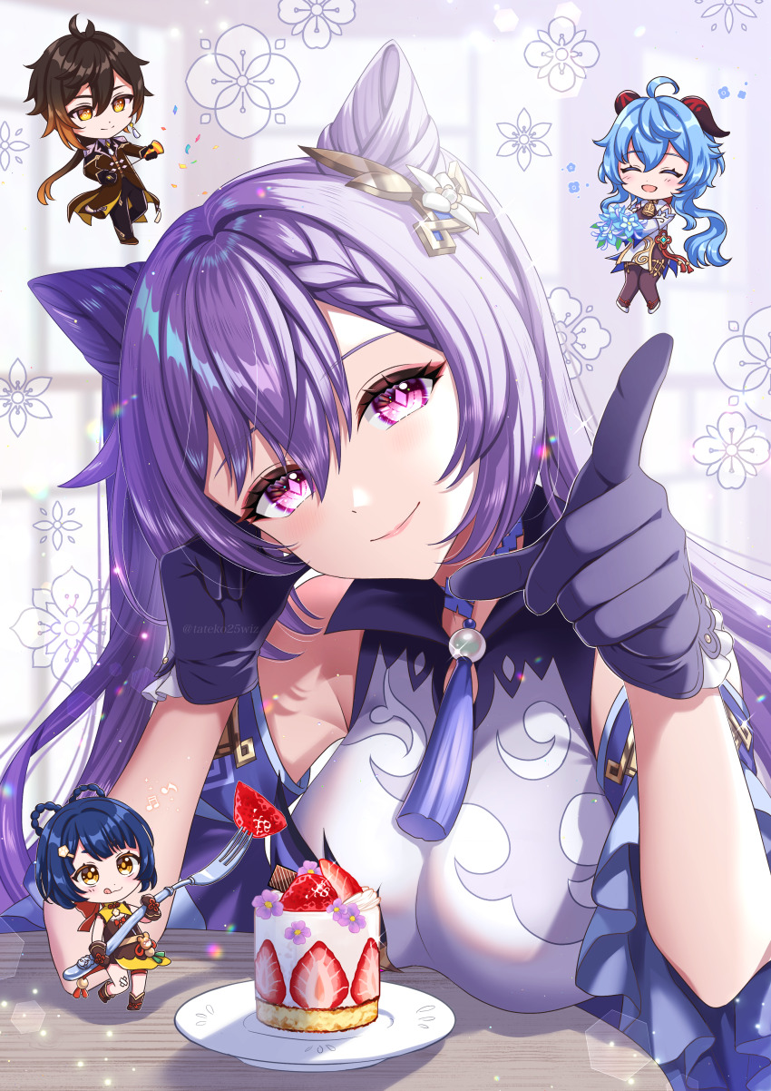 1boy 3girls :q absurdres ahoge black_hair blue_hair breasts brown_hair chibi commentary_request cone_hair_bun diamond-shaped_pupils diamond_(shape) dress flower food fork fruit ganyu_(genshin_impact) genshin_impact gloves goat_horns hair_between_eyes hair_bun head_tilt highres holding holding_flower holding_fork holding_party_popper horns keqing_(genshin_impact) light_blue_hair long_hair looking_at_viewer medium_breasts multiple_girls neck_tassel party_popper pink_eyes purple_dress purple_gloves purple_hair sleeveless sleeveless_dress smile strawberry symbol-shaped_pupils tateko25wiz tongue tongue_out twintails upper_body very_long_hair xiangling_(genshin_impact) yellow_eyes zhongli_(genshin_impact)
