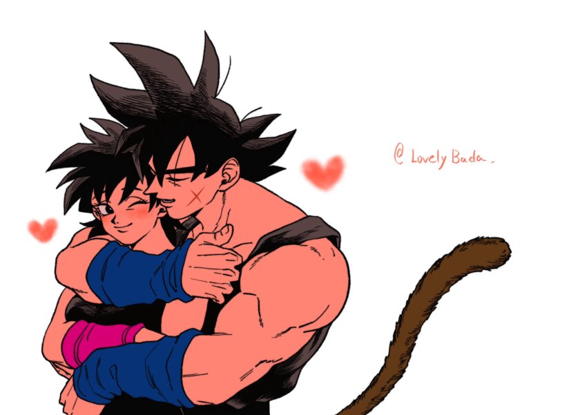 1boy 1girl arm_warmers bardock bare_arms biceps black_eyes black_hair black_tank_top blue_arm_warmers breasts broad_shoulders closed_eyes closed_mouth collarbone couple crossed_arms dragon_ball dragon_ball_minus eyelashes facial_scar fingernails gine hand_on_another&#039;s_hip hand_on_another&#039;s_shoulder happy heads_together heart hetero highres hug hug_from_behind light_blush light_smile looking_at_another lovelybada medium_breasts medium_hair monkey_tail muscular muscular_male nuzzle one_eye_closed parted_bangs parted_lips scar scar_on_cheek scar_on_face simple_background smile spiked_hair standing tail tank_top teeth tsurime twitter_username upper_body upper_teeth_only white_background