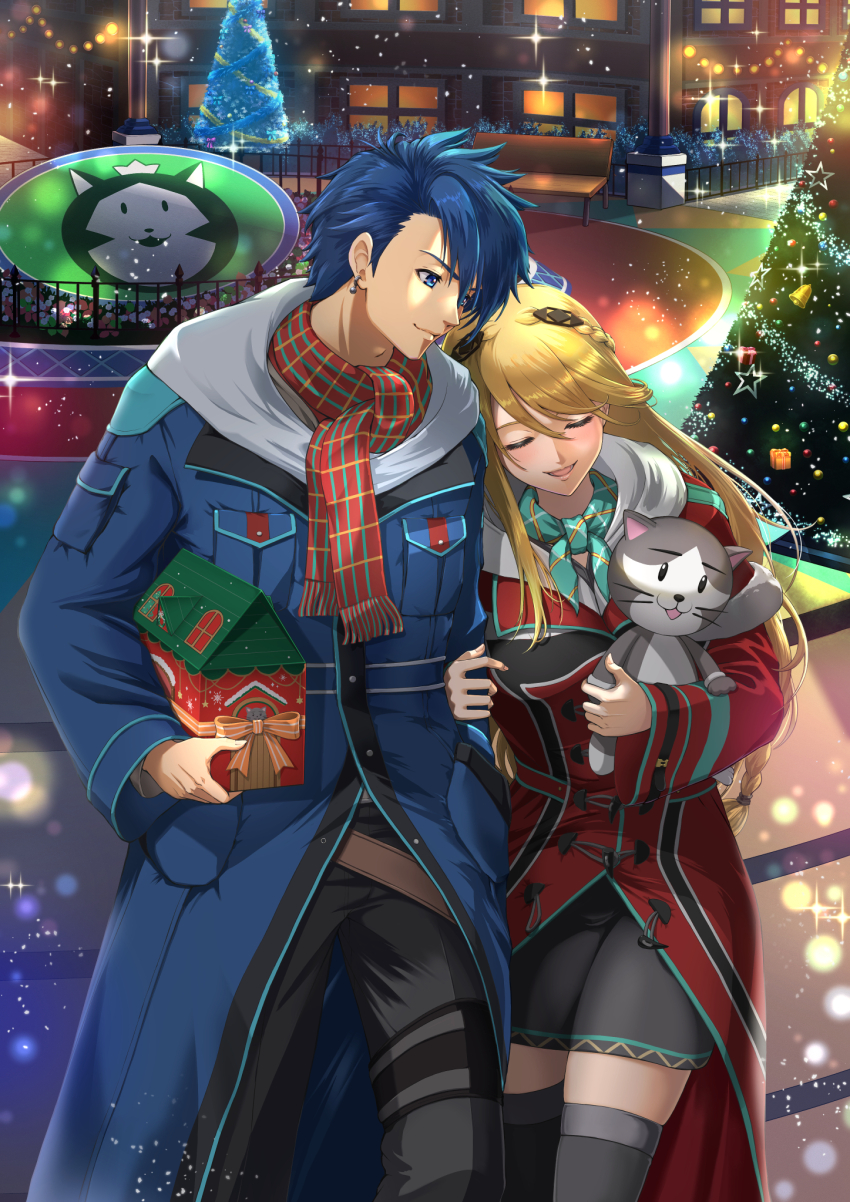 1boy 1girl blonde_hair blue_eyes blue_hair box braid chiga_akira christmas christmas_tree closed_eyes coat crown_braid eiyuu_densetsu elaine_auclair falcom gift gift_box hair_between_eyes highres holding holding_another&#039;s_arm holding_gift holding_stuffed_toy kai_no_kiseki kuro_no_kiseki_(series) long_hair mishy official_art outdoors scarf smile stuffed_toy swept_bangs thighhighs toy van_arkride