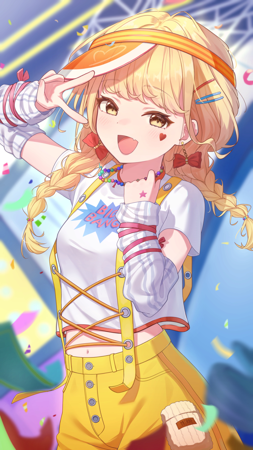 1girl absurdres blonde_hair blurry blurry_background blush braid commentary confetti cross-laced_clothes fang fingernails fujita_kotone gakuen_idolmaster heart highres idolmaster kamory long_hair looking_at_viewer midriff navel official_alternate_costume shirt shorts skin_fang smile solo suspender_shorts suspenders t-shirt twin_braids v visor_cap white_arm_warmers white_shirt yellow_big_bang!_(idolmaster) yellow_eyes yellow_shorts