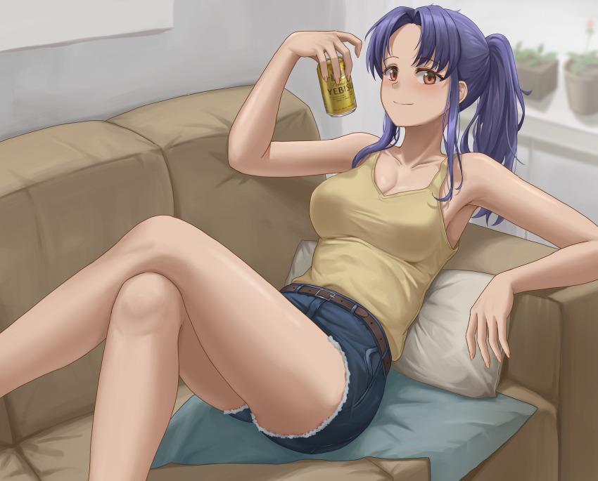 1girl absurdres bare_arms beer_can blue_hair breasts can cleavage closed_mouth commentary crossed_legs cutoffs dark_blue_hair denim denim_shorts drink_can feet_out_of_frame highres indoors katsuragi_misato legs looking_at_viewer lying medium_breasts neon_genesis_evangelion on_back orange_eyes pillow ponytail short_shorts shorts sidelocks smile solo tank_top thighs yebisu yj_(yojo_san)