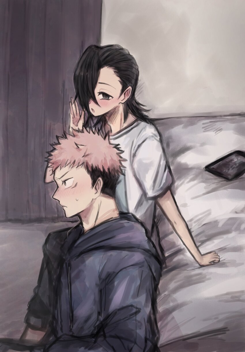 2boys :o bedroom black_hair blue_hoodie blush curtains dvd_case frown grey_eyes hair_over_one_eye hand_up highres hood hoodie itadori_yuuji jujutsu_kaisen multiple_boys on_bed on_ground pink_hair scar shirt sitting sweatdrop undercut white_shirt y725natsu yellow_eyes yoshino_junpei