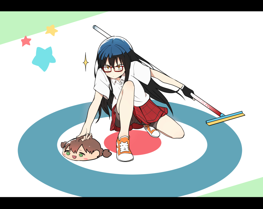 1girl bike_shorts black_hair blush blush_stickers broom bural_chingu curling curling_stone fingerless_gloves full_body glasses gloves hair_between_eyes ham_na-bi highres ju_hyeon-mi letterboxed long_hair luke_(dydansgur) plaid_clothes plaid_skirt pleated_skirt polo_shirt skirt yellow_eyes