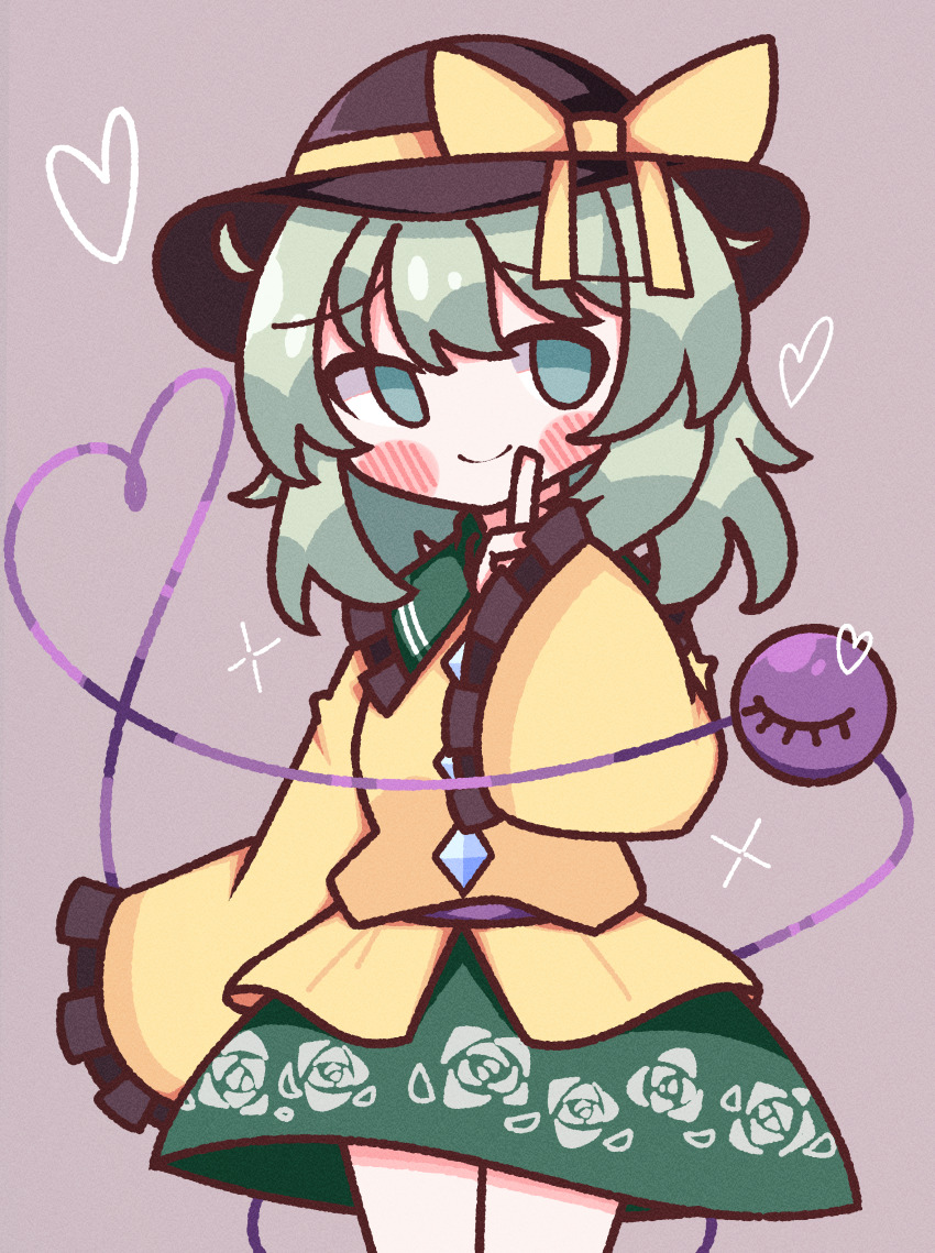 1girl absurdres black_hat blush bow buttons diamond_button finger_to_mouth floral_print frilled_shirt_collar frilled_sleeves frills green_eyes green_hair green_skirt hat hat_bow heart heart_of_string highres index_finger_raised komeiji_koishi light_green_hair long_sleeves medium_hair rose_print shirt simple_background skirt sleeves_past_fingers sleeves_past_wrists smile solo star_(symbol) third_eye touhou waroemon yellow_bow yellow_shirt