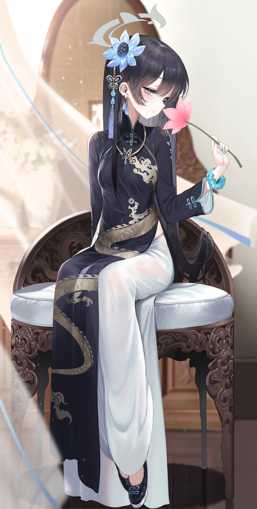 1girl absurdres alternate_costume alternate_hairstyle black_dress black_hair blue_archive blue_dress blue_flower blue_nails blue_scrunchie blush breasts butterfly_hair_ornament chair china_dress chinese_clothes crystal_earrings cushion dishwasher1910 dragon_print dress earrings flats flower full_body grey_eyes grey_halo hair_flower hair_ornament halo highres holding holding_flower jewelry kisaki_(blue_archive) long_hair long_skirt long_sleeves looking_at_viewer pink_flower print_dress scrunchie shoes sitting skirt small_breasts solo very_long_hair white_skirt wrist_scrunchie