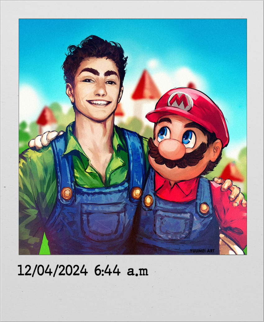 2boys black_eyes blue_eyes blue_overalls blurry blurry_background brown_hair castle commentary cosplay dated day english_commentary facial_hair gloves green_shirt grin hand_on_another&#039;s_shoulder hat highres luigi luigi_(cosplay) luigi_mangione male_focus mario mario_(series) multiple_boys mustache name_connection nintendo outdoors overalls photo_(object) real_life red_hat red_shirt shirt smile teeth white_gloves yuumei