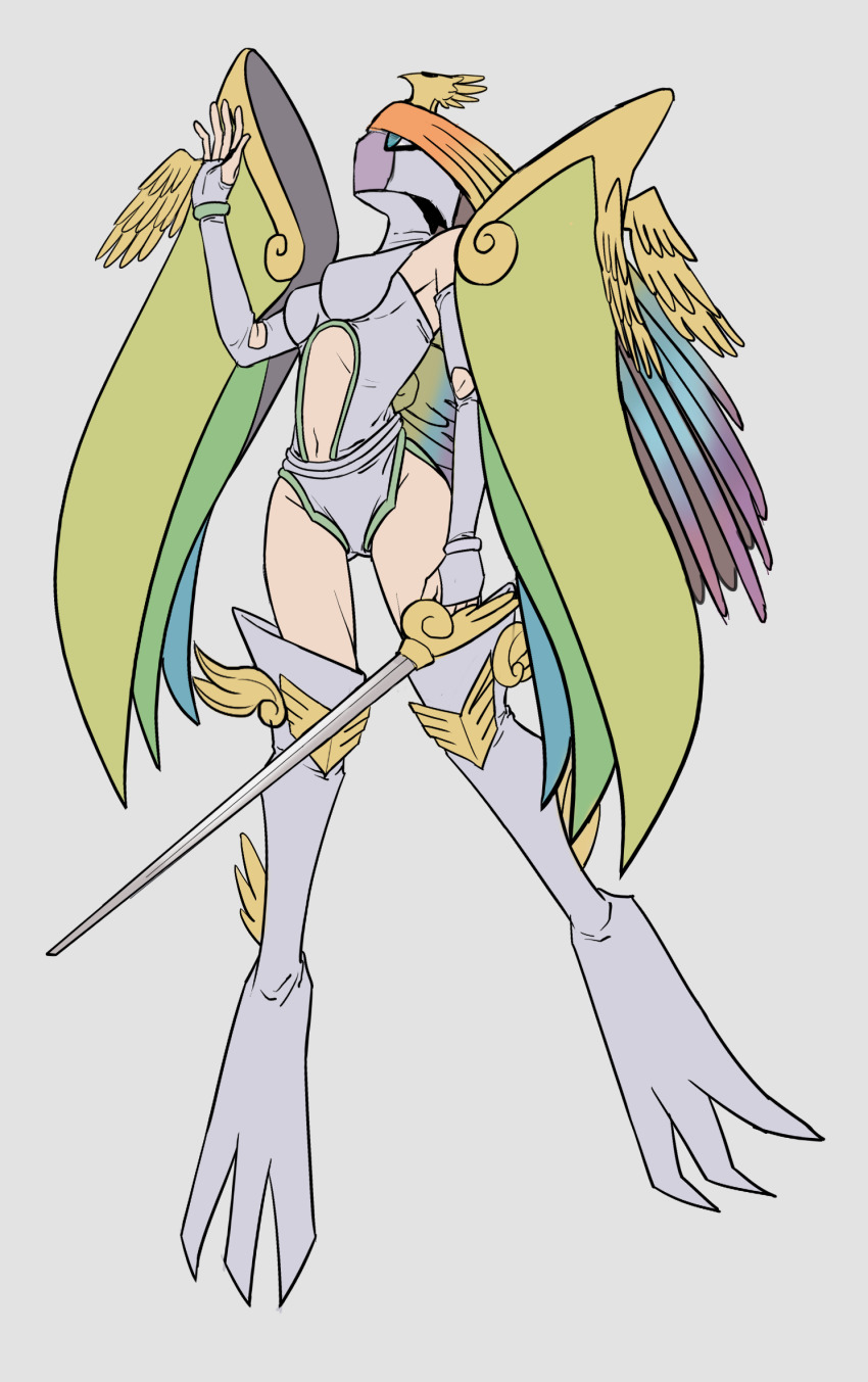 1girl ancientirismon armor blue_eyes breasts digimon digimon_frontier helmet highres mask rapier shoulder_armor sword weapon winged_boots wings