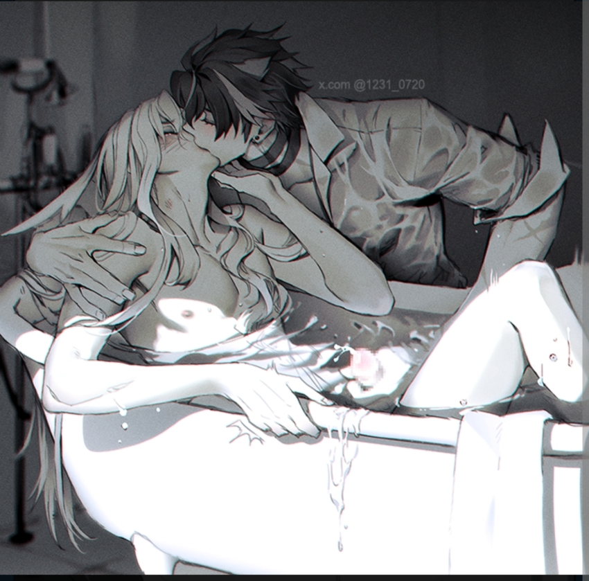 2boys bath bathtub blush cum ejaculation french_kiss genshin_impact greyscale hand_on_another&#039;s_shoulder handjob highres implied_handjob kiss monochrome multiple_boys neuvillette_(genshin_impact) np_(1231_0720) sex tearing_up twitter wriothesley_(genshin_impact) yaoi