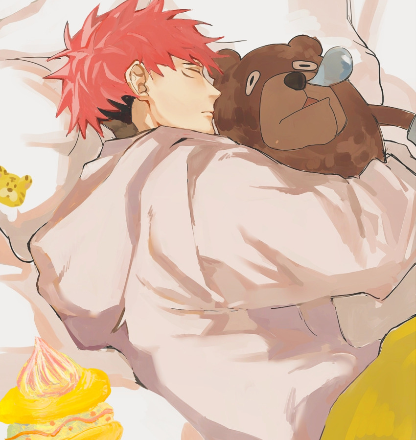 1boy bed black_hair closed_eyes closed_mouth commentary_request facial_mark food highres hood hood_down hoodie ilovegreenriver itadori_yuuji jujutsu_kaisen long_sleeves lying macaron male_focus multicolored_hair nose_bubble on_side pillow pink_hair short_hair sleeping solo stuffed_animal stuffed_toy two-tone_hair under_covers white_hoodie