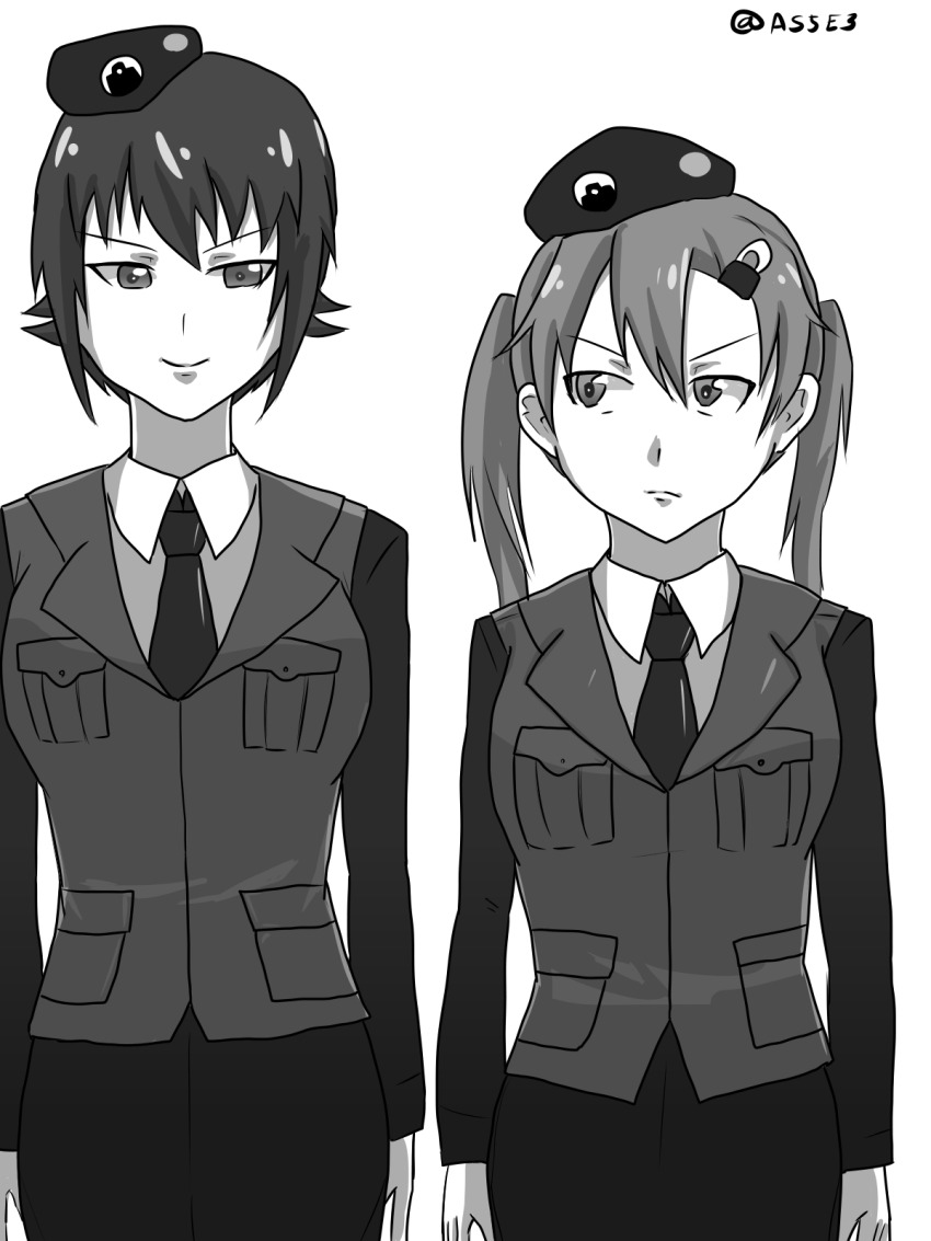 aged_up artist_request black_hat black_necktie black_skirt breasts collared_shirt commentary_request emblem frown girls_und_panzer girls_und_panzer_little_army hair_ornament hairpin hat highres jacket japanese_tankery_league_(emblem) long_hair monochrome nakasuga_emi necktie nishizumi_maho pencil_skirt selection_university_military_uniform shirt short_hair skirt staring twintails white_shirt