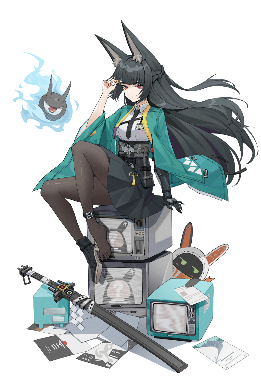 1girl absurdres animal_ears aqua_jacket arm_out_of_sleeve black_hair black_necktie black_pantyhose black_shoes black_skirt braid breasts bright_pupils closed_mouth collared_shirt commentary crt eous_(zenless_zone_zero) fox_ears fox_girl gauntlets half_up_braid hand_up high-waist_skirt high_heels highres hoshimi_miyabi id_card jacket kuroko1068 long_hair medium_breasts necktie pantyhose paper red_eyes scabbard sheath sheathed shide shirt shirt_tucked_in shoes simple_background single_gauntlet single_shoe sitting skirt tailless_(zenless_zone_zero) toes very_long_hair white_background white_pupils white_shirt zenless_zone_zero