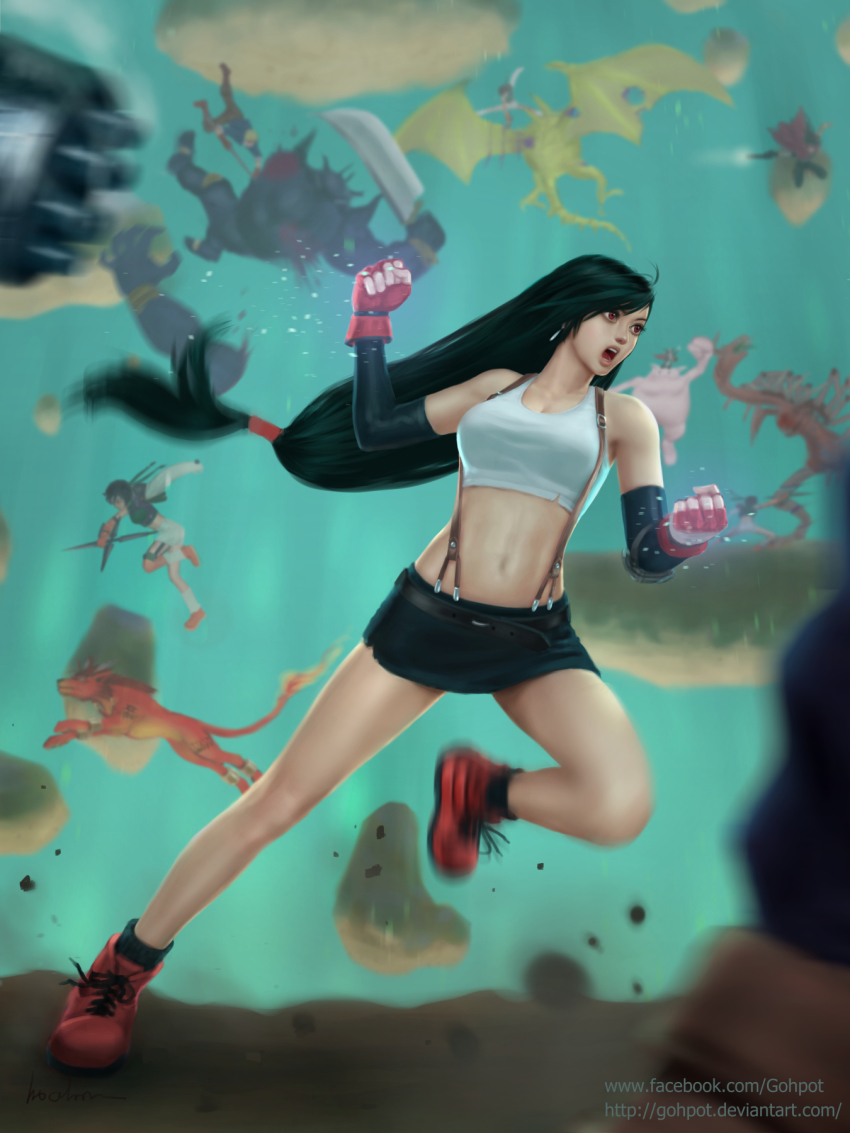 1990s_(style) 1girl bad_id bad_pixiv_id belt black_hair blurry cait_sith_(final_fantasy) cid_highwind clone crop_top depth_of_field detached_sleeves dragon earrings final_fantasy final_fantasy_vii fingerless_gloves gloves gohpot gradient_background hair_tie highres jewelry lifestream long_hair long_legs midriff miniskirt monster motion_blur realistic red_eyes red_footwear red_xiii retro_artstyle severed_arm severed_limb shoes signature skirt solo_focus suspender_skirt suspenders sword tifa_lockhart very_long_hair vincent_valentine watermark weapon web_address yuffie_kisaragi