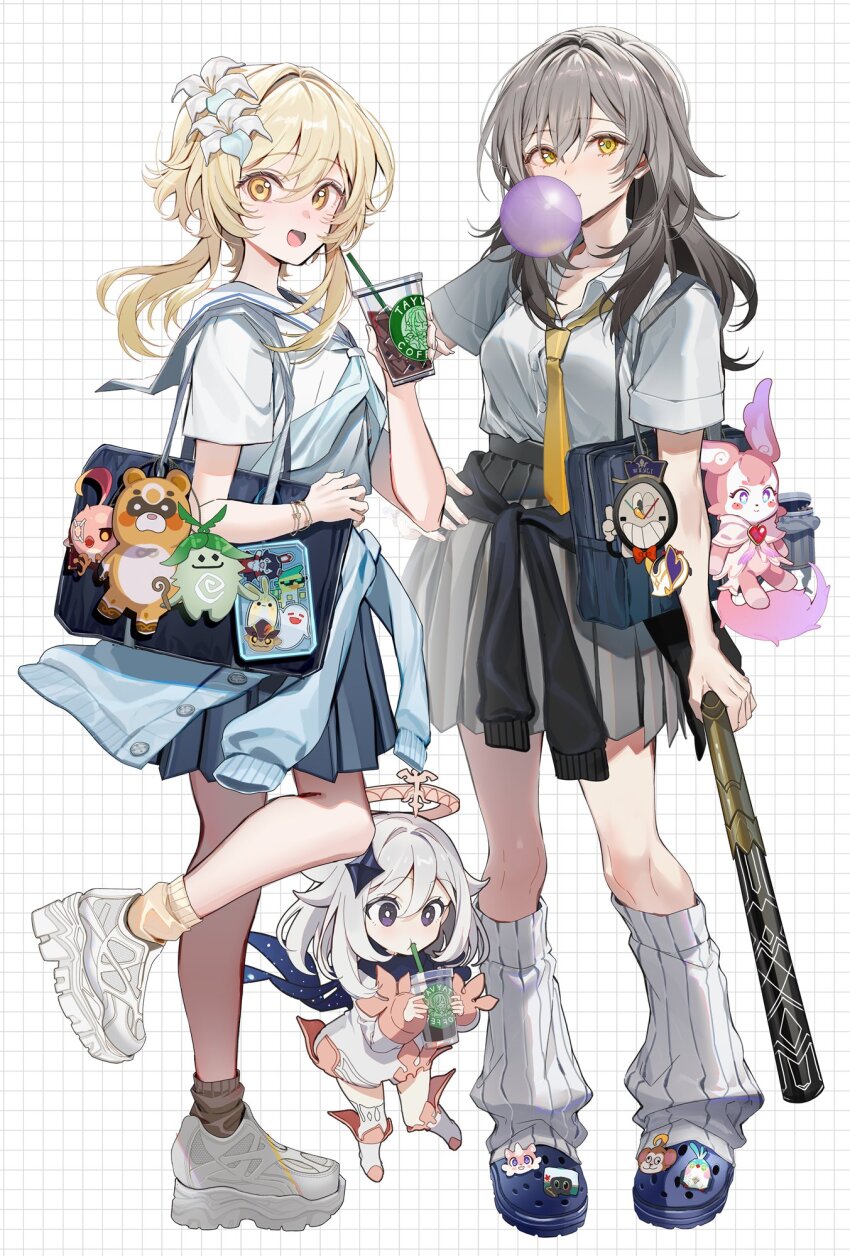3girls ajaw_(genshin_impact) alternate_costume aranara_(genshin_impact) bag baron_bunny_(genshin_impact) baseball_bat black_skirt blonde_hair blowing_bubble_gum boo_tao_(genshin_impact) character_charm charm_(object) chewing_gum clockie_(honkai:_star_rail) collared_shirt crocs cup disposable_cup drinking_straw flower full_body genshin_impact grey_hair guoba_(genshin_impact) hair_flower hair_ornament hand_on_own_hip highres holding holding_baseball_bat holding_cup honkai:_star_rail honkai_(series) kawachi_rin looking_at_viewer loose_socks lordly_trashcan_(honkai:_star_rail) lumine_(genshin_impact) mem_(honkai:_star_rail) multiple_girls necktie open_mouth origami_bird_(honkai:_star_rail) paimon_(genshin_impact) sailor_collar school_bag school_uniform shirt shirt_tucked_in shoes short_hair_with_long_locks short_sleeves simple_background skirt smile socks standing standing_on_one_leg stelle_(honkai:_star_rail) trailblazer_(honkai:_star_rail) white_flower white_sailor_collar white_shirt white_shoes white_socks yellow_eyes yellow_necktie yellow_socks
