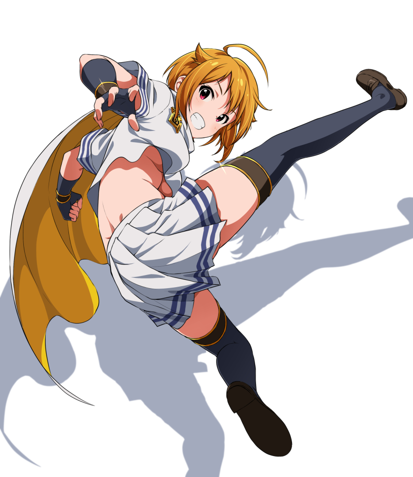 1girl absurdres ahoge amulet asanaya black_gloves black_thighhighs blonde_hair breasts cloak crop_top female_focus fingerless_gloves full_body gloves grin highres ibuki_tsubasa idol_heroes_(idolmaster) idolmaster idolmaster_million_live! idolmaster_million_live!_theater_days jumping loafers looking_back mighty_sailor miniskirt navel neckerchief red_eyes school_uniform serafuku shirt shoes short_hair simple_background skirt smile solo teeth thighhighs underboob white_cloak white_shirt white_skirt