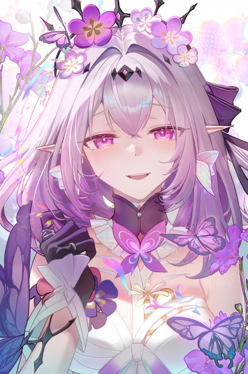 1girl black_tiara bright_pupils bug butterfly castorice_(honkai:_star_rail) dress flower gloves hand_up highres honkai:_star_rail honkai_(series) insect long_hair looking_at_viewer parted_lips pointy_ears purple_butterfly purple_eyes purple_flower purple_gloves purple_hair signature smile solo teeth tiara ttorong upper_teeth_only white_dress white_pupils