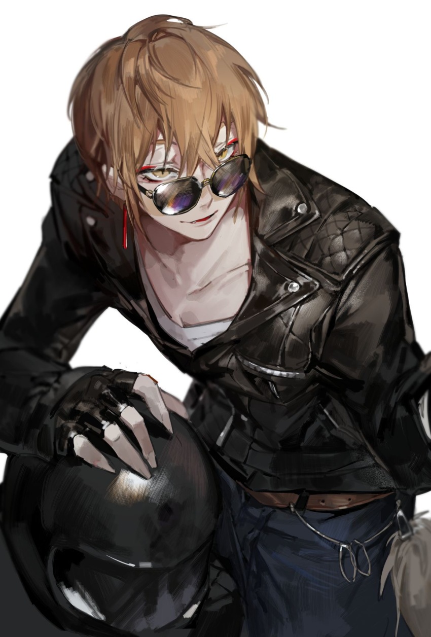 1boy belt black_gloves black_jacket bokyo brown_hair earrings fingerless_gloves fushimi_gaku gloves hair_between_eyes helmet highres holding holding_helmet jacket jewelry leather leather_jacket looking_at_viewer looking_over_eyewear makeup male_focus motor_vehicle motorcycle motorcycle_helmet nijisanji pants short_hair simple_background smile solo sunglasses unworn_headwear unworn_helmet virtual_youtuber white_background yellow_eyes
