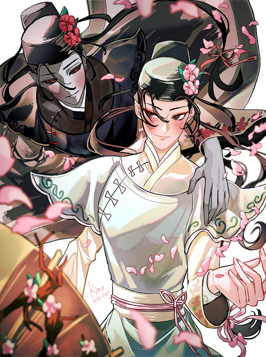 2boys black_hair black_robe black_sclera blush brown_eyes cherry_blossoms chinese_clothes closed_mouth colored_sclera colored_skin cowboy_shot eye_contact eyeliner falling_petals fan_wujiu fan_wujiu_(blushing_scholars) floating floating_hair floral_print flower futou green_robe grey_skin hand_on_another&#039;s_shoulder hand_up hanfu hat hat_flower highres holding holding_umbrella identity_v kino_(uni_sk38) layered_sleeves long_hair long_sleeves looking_at_another low-tied_long_hair low_twintails makeup male_focus multiple_boys official_alternate_costume oil-paper_umbrella parted_lips petals pink_flower pink_ribbon pointy_ears red_eyeliner red_eyes red_flower red_ribbon ribbon robe sash short_over_long_sleeves short_sleeves sideways_glance simple_background smile twintails umbrella umbrella_flower white_background white_robe white_sash xie_bian xie_bian_(blushing_scholars) yuanlingpao