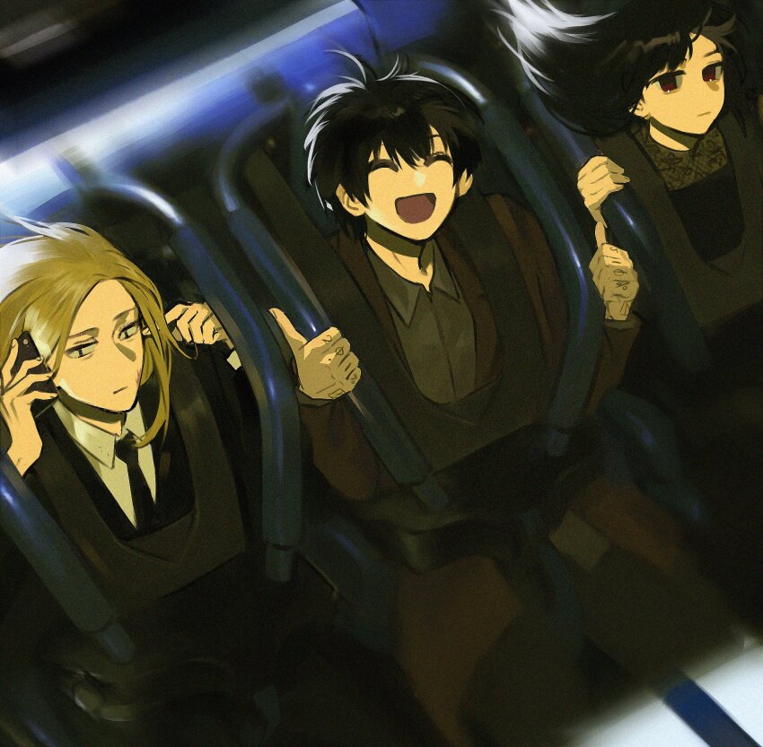 1girl 2boys 5a1_uei :| black_dress black_hair black_jacket black_necktie black_pants blonde_hair blurry blurry_background brown_jacket brown_pants cellphone closed_mouth commentary cowboy_shot dress facial_scar finger_tattoo grey_shirt hand_tattoo highres holding holding_phone jacket lace_dress long_hair looking_to_the_side multiple_boys nagumo_(sakamoto_days) necktie osaragi_(sakamoto_days) pants phone plugging_ears red_eyes roller_coaster sakamoto_days scar scar_on_cheek scar_on_face shirt shishiba_(sakamoto_days) short_hair smartphone symbol-only_commentary tattoo white_shirt