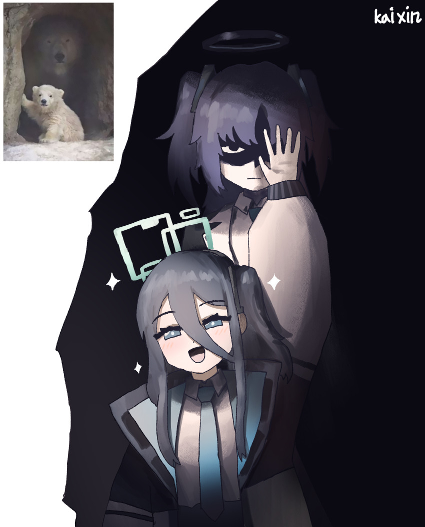 2girls absurdres aris_(blue_archive) arm_up artist_name black_hair blue_archive commentary eyes_in_shadow glaring hair_between_eyes halo highres kai_xin long_hair_between_eyes multiple_girls one_side_up photo-referenced purple_hair reference_inset sparkle two_side_up yuuka_(blue_archive)