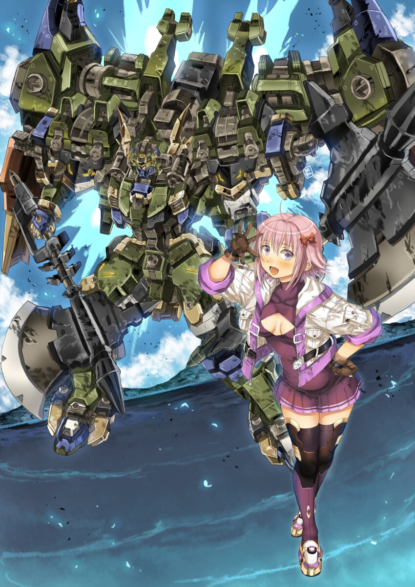 1girl absurdres ahoge axe black_thighhighs boots bow breasts brown_gloves cleavage_cutout clothing_cutout cloud covered_collarbone dress dual_wielding flying garimpeiro gloves glowing glowing_eyes hair_bow hand_on_own_hip highres holding holding_axe hood hood_down hooded_jacket island jacket mecha ocean open_hand original purple_dress purple_footwear red_bow robot sky small_breasts smile thighhighs water white_jacket yellow_eyes
