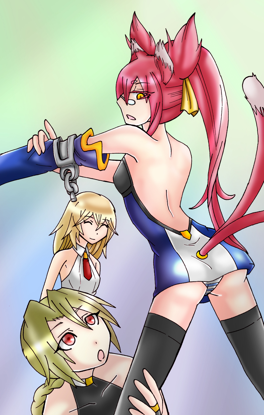 3girls absurdres animal_ears arc_system_works ass ayu_minori back bare_shoulders black_legwear blazblue blazblue:_chronophantasma blazblue:_continuum_shift blonde_hair breasts cat_ears cat_tail closed_eyes cosplay detached_sleeves from_behind glasses hair_ribbon highres hugging_own_legs kokonoe_(blazblue) lambda-11 long_hair looking_down multiple_girls multiple_tails noel_vermillion noel_vermillion_(cosplay) open_mouth orange_eyes panties pantyshot pince-nez pink_hair ponytail red_eyes ribbon sideboob smile standing striped_clothes striped_panties tail thighhighs underwear