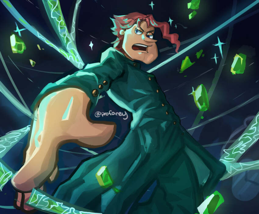 1boy cosplay gakuran glenn_quagmire green_jacket green_pants jacket jojo_no_kimyou_na_bouken kakyoin_noriaki kakyoin_noriaki_(cosplay) male_focus open_mouth pants profocey red_hair school_uniform solo stardust_crusaders