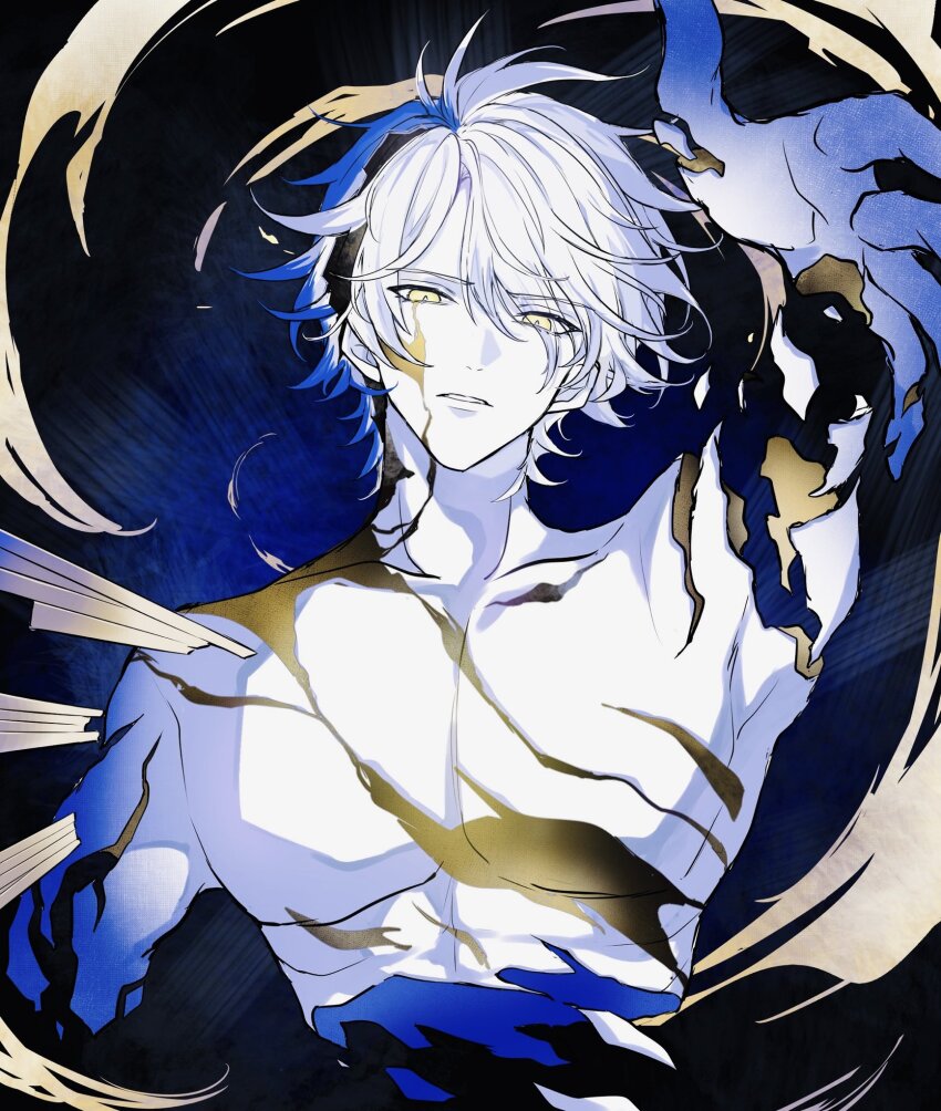 1boy arm_up broken_skin collarbone cracked_skin highres honkai:_star_rail honkai_(series) hoshino_57 looking_at_viewer male_focus parted_bangs parted_lips pectorals phainon_(honkai:_star_rail) reaching reaching_towards_viewer short_hair solo teeth topless_male white_hair yellow_eyes
