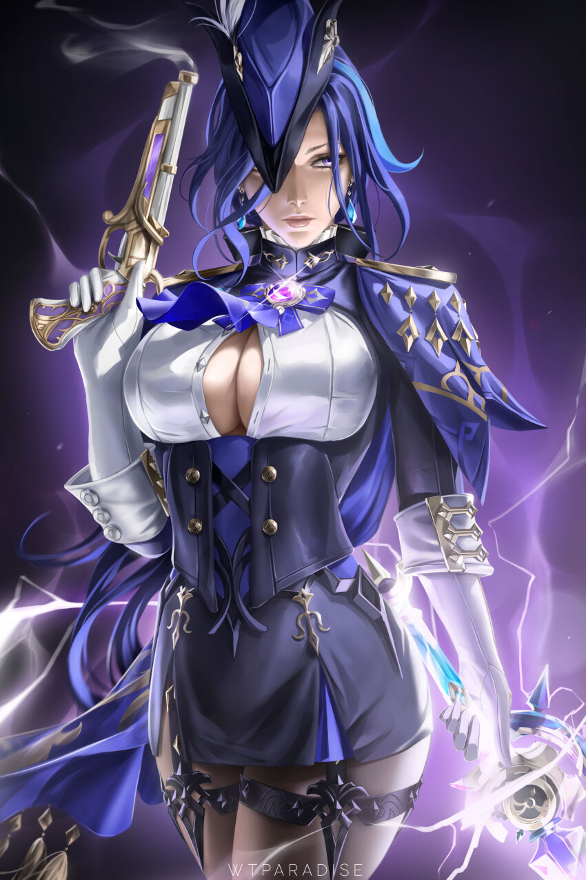1girl absurdres black_skirt breasts capelet clorinde_(genshin_impact) corset cowboy_shot earrings genshin_impact gun hand_up handgun hat highres holding holding_gun holding_sword holding_weapon iron_sting_(genshin_impact) jewelry large_breasts long_hair looking_at_viewer miniskirt pantyhose pencil_skirt purple_capelet purple_eyes purple_hair revision shirt skirt solo standing sword thigh_strap thighs tricorne weapon white_shirt wtparadise