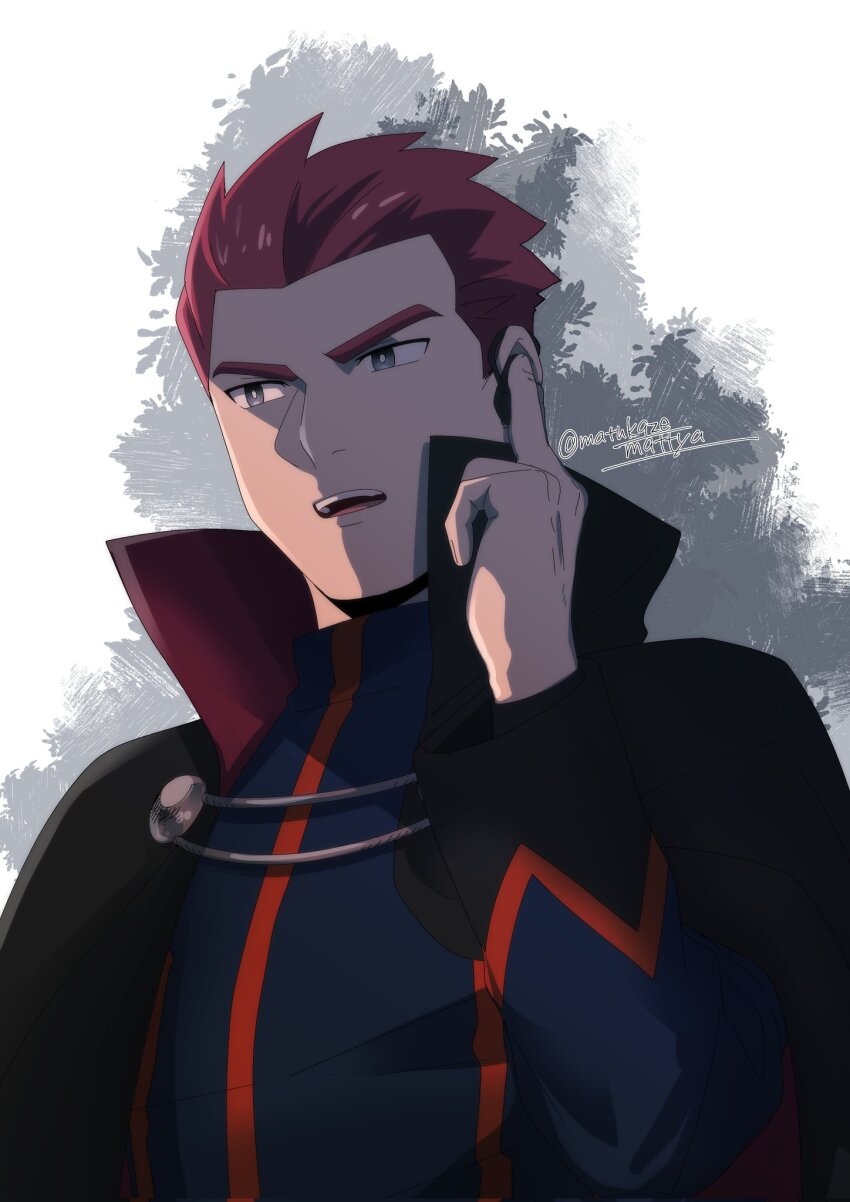 1boy arm_up black_cape blue_shirt cape collared_cape commentary_request earpiece finger_to_head grey_eyes hair_slicked_back highres lance_(pokemon) long_sleeves looking_to_the_side male_focus matsukaze_mattya nintendo open_mouth orange_trim pokemon pokemon_hgss popped_collar red_hair shirt short_hair sideways_glance solo teeth tongue twitter_username two-sided_cape two-sided_fabric upper_body upper_teeth_only white_background widow&#039;s_peak