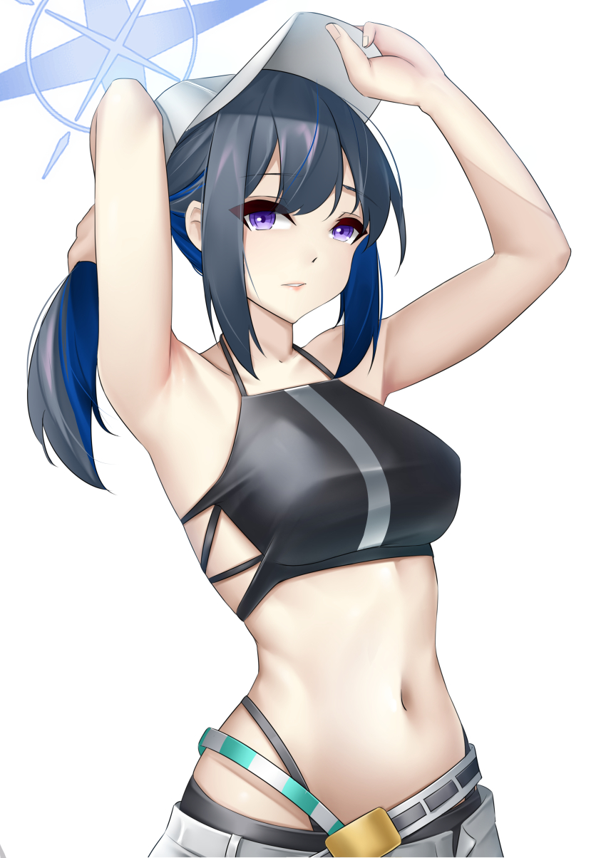 1girl absurdres arknights armpits arms_up bare_arms bare_shoulders baseball_cap belt bikini black_bikini blue_archive blue_hair breasts casperrin ch&#039;en_(arknights) ch&#039;en_(arknights)_(cosplay) commentary_request cosplay hat highres ishigami_shizuka large_breasts long_hair navel purple_eyes saori_(blue_archive) solo stomach swimsuit upper_body voice_actor_connection white_hat