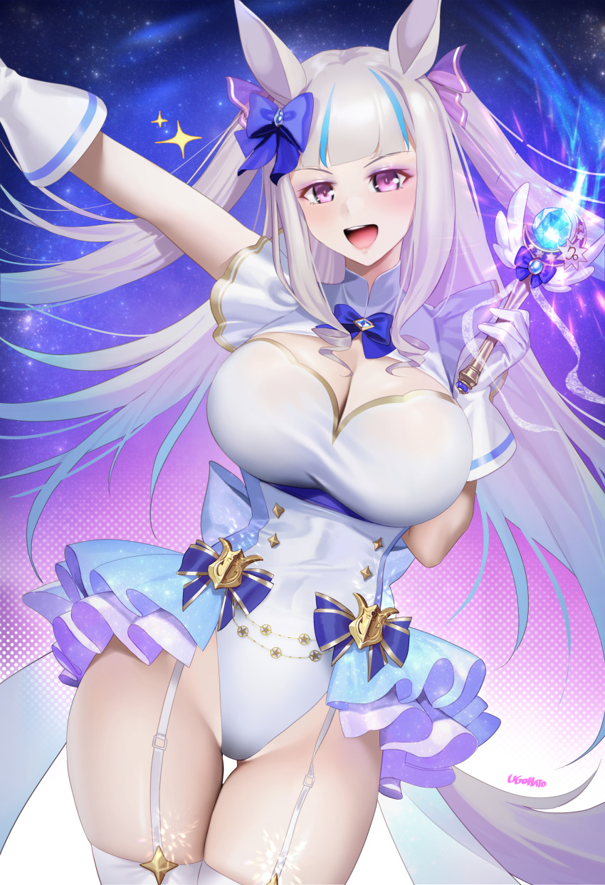 1girl absurdres alternate_costume alternate_hairstyle animal_ears artist_name athletic_leotard blush bow breasts cleavage commentary_request covered_navel ear_bow gloves gold_ship_(umamusume) gradient_background grey_hair highleg highleg_leotard highres holding holding_wand horse_ears horse_girl horse_tail large_breasts leotard long_hair looking_at_viewer magical_girl open_mouth purple_bow purple_eyes smile solo tail thighhighs twintails ugohato umamusume very_long_hair wand white_garter white_gloves white_leotard white_thighhighs