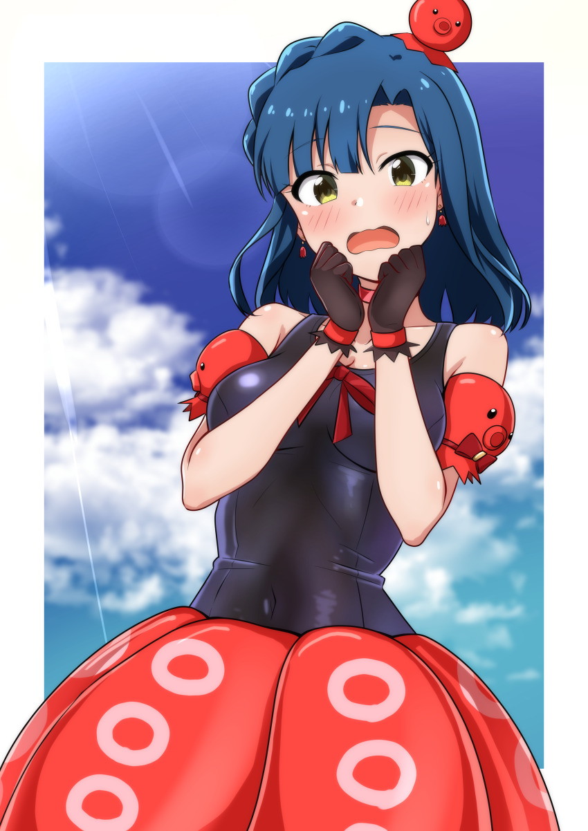 1girl absurdres black_gloves blue_hair blue_one-piece_swimsuit blue_sky braid breasts cloud commentary_request cowboy_shot crown_braid gloves highres idolmaster idolmaster_million_live! looking_at_viewer medium_breasts mimiu_p nanao_yuriko octopus old_school_swimsuit one-piece_swimsuit open_mouth red_skirt school_swimsuit skirt sky solo swimsuit swimsuit_under_clothes wavy_mouth yellow_eyes