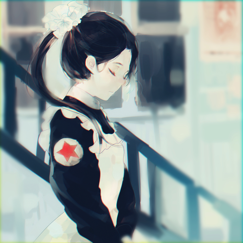 1girl apron black_hair chromatic_aberration closed_eyes colored_skin female_focus from_side hair_over_shoulder highres maid maid_apron original ponytail red_star shachang solo standing star_(symbol) upper_body v_arms white_skin