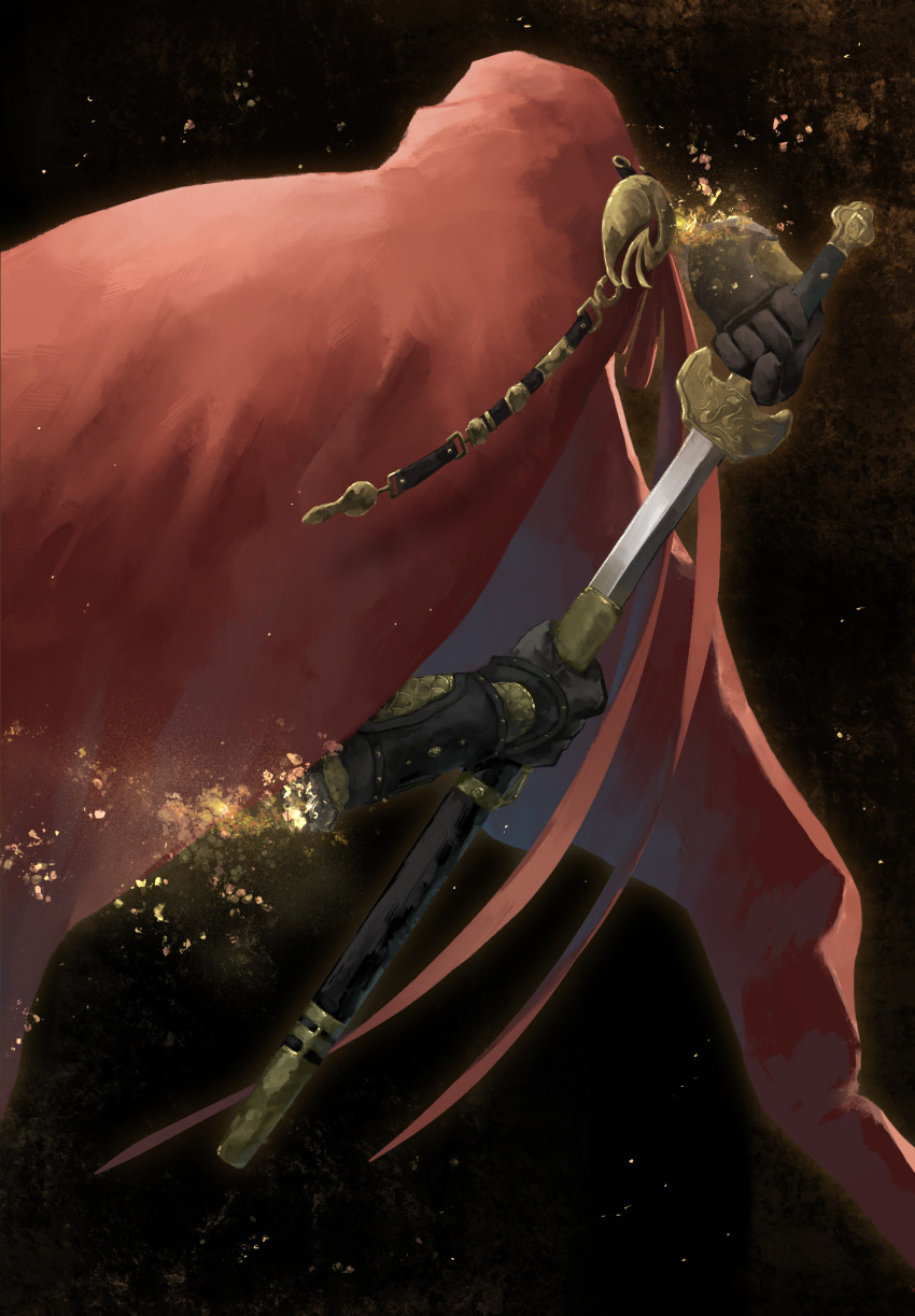 1boy a_knight_(galloping_across_the_times)_(reverse:1999) a_knight_(reverse:1999) armor aun_(aunkun_026) black_bow bow cape chinese_armor drawing_sword gauntlets highres holding holding_sheath holding_sword holding_weapon invisible jian_(weapon) light_particles official_alternate_costume red_cape reverse:1999 sheath solo sword unsheathing weapon