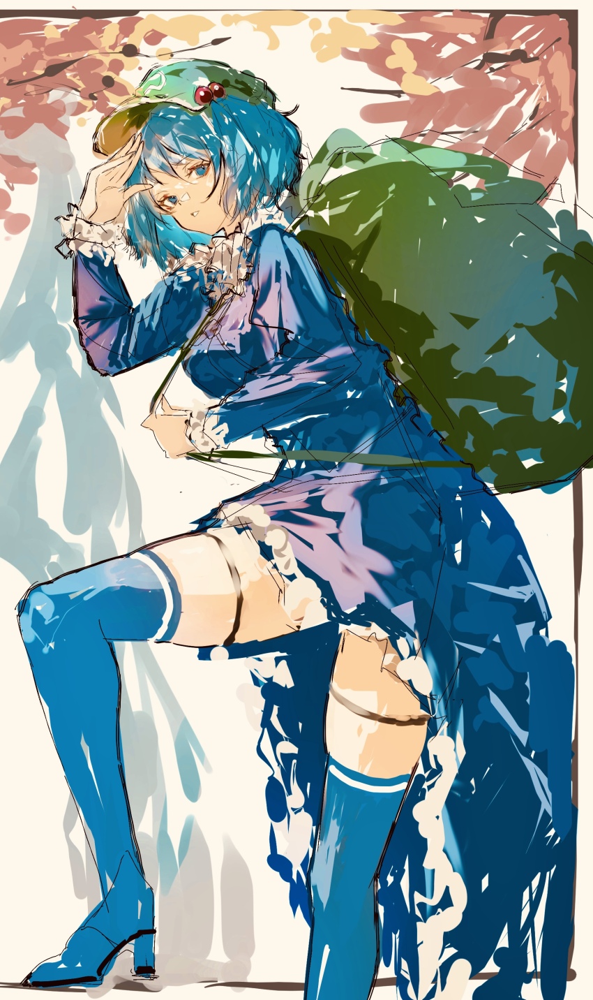1girl absurdres backpack bag blue_boots blue_eyes blue_hair blue_jacket blue_skirt boots branch breasts cherry_blossoms commentary expressionless foot_out_of_frame frilled_sleeves frills from_side full_body green_bag green_hat hat high-low_skirt high_heel_boots high_heels highres holding holding_bag jacket juliet_sleeves kawashiro_nitori long_sleeves looking_at_viewer medium_breasts parted_lips po_(anhk5528) puffy_sleeves shading_eyes short_hair sketch skirt solo thigh_boots thigh_strap touhou two_side_up