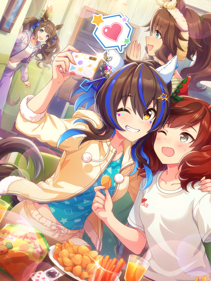 4girls absurdres ace_(playing_card) ace_of_clubs animal_ear_piercing aqua_eyes aqua_shirt arm_around_neck artist_request bag_of_chips black_bow blue_bow blue_hair book bookshelf bow bow_hairband bow_print brown_hair card carrot_sticks casual ceiling_light cellphone chips_(food) club_(shape) colored_inner_hair couch cowboy_shot cup daitaku_helios_(umamusume) doorway dot_nose drinking_glass ear_covers earrings facial_tattoo fingernails floating_clothes food fur_hairband game_cg green_bow green_eyes grin hair_between_eyes hair_bow hair_ornament hair_over_shoulder hair_tie hairband hairclip hand_on_another&#039;s_shoulder happy heart highres holding holding_food holding_phone hood hood_down hooded_jacket horse_tail horseshoe indoors jacket jewelry juice light_blush light_particles living_room looking_at_another low_twintails mejiro_palmer_(umamusume) midriff_peek multicolored_hair multiple_girls multiple_hair_bows multiple_piercings nice_nature_(umamusume) official_art one_eye_closed open_clothes open_jacket orange_juice painting_(object) pants party phone plate playing_card pom_pom_(clothes) ponytail potato_chips purple_jacket purple_pants red_hair selfie shirt short_twintails shorts single_earring smartphone smile sparkle spoken_heart standing star_(symbol) star_hair_ornament star_tattoo streaked_hair surprised sweatpants t-shirt table tail tan tareme tattoo tosen_jordan_(umamusume) triangle_print twintails two-tone_hair umamusume wavy_hair white_shirt white_shorts yellow_bow yellow_eyes yellow_hairband yellow_jacket