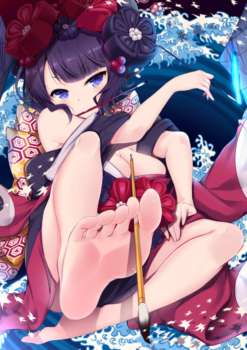 1girl asymmetrical_bangs bare_legs barefoot between_toes black_hair blue_eyes breasts cleavage fate/grand_order fate_(series) feet female_focus foot_focus foreshortening hair_ornament highres japanese_clothes katsushika_hokusai_(fate) kimono ko_yu large_breasts looking_at_viewer mouth_hold obi paintbrush pixiv_fate/grand_order_contest_2 pov sash short_hair soles solo toes water