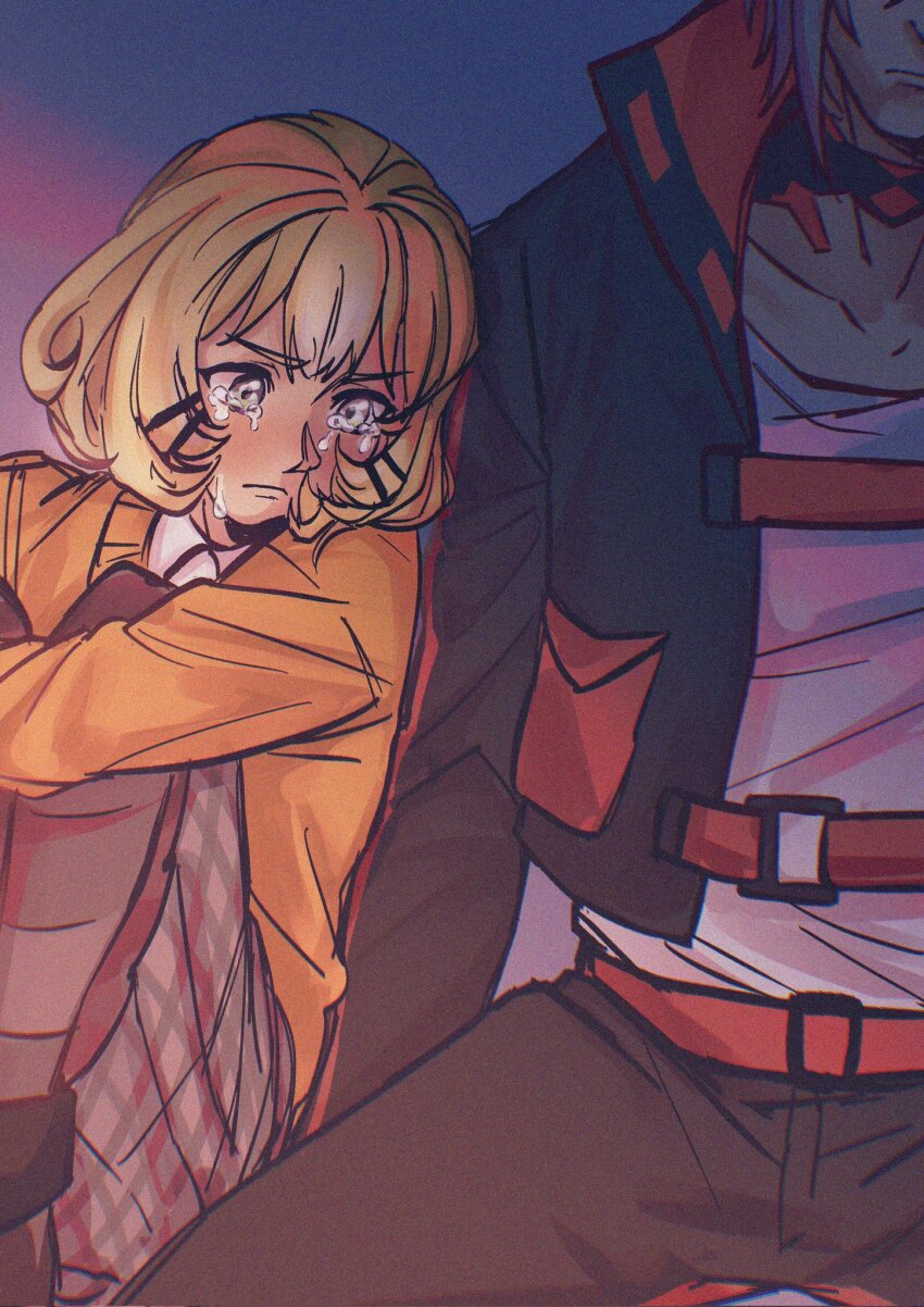 1boy 1girl bee_(flakesnpie) belt black_jacket black_pants black_pantyhose blonde_hair blush cardigan closed_mouth collarbone collared_shirt crying crying_with_eyes_open cyborg expressionless frown fulgur_ovid fulgur_ovid_(1st_costume) furrowed_brow grey_eyes grey_hair grey_skirt hair_ornament hairclip head_on_another&#039;s_shoulder head_out_of_frame highres hugging_own_legs jacket millie_parfait millie_parfait_(1st_costume) nijisanji nijisanji_en open_clothes open_jacket orange_cardigan pants pantyhose pleated_skirt red_belt sad shirt short_hair sitting skirt spread_legs striped_clothes striped_pantyhose tears virtual_youtuber white_shirt