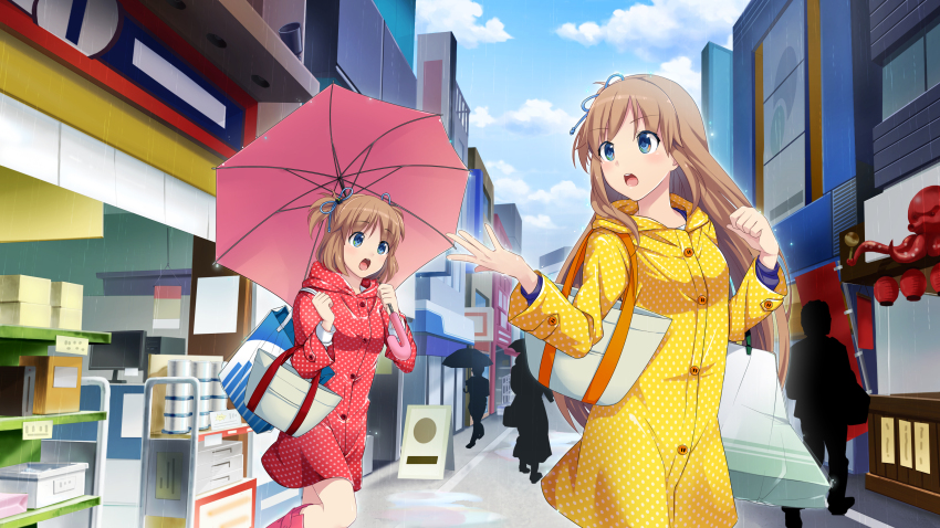 2girls :o absurdres bag blue_eyes blush breasts brown_hair closed_mouth hair_ornament hair_ribbon highres holding holding_umbrella long_hair madobe_ai madobe_yuu microsoft_windows multiple_girls night official_art official_wallpaper open_mouth os-tan people personification pink_umbrella rain raincoat red_raincoat ribbon road shopping_bag short_hair siblings side_ponytail sisters small_breasts storefront street umbrella windows_8 yellow_raincoat