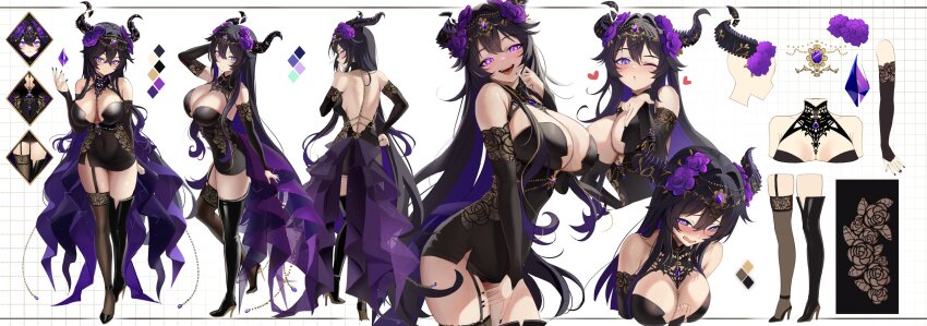 1girl absurdres asymmetrical_legwear backless_dress backless_outfit black_boots black_dress black_hair black_horns black_nails black_sleeves black_thighhighs blowing_kiss blush body_jewelry boots breasts broken_horn chain cleavage color_guide colored_inner_hair commentary detached_sleeves double-parted_bangs dress embarrassed english_commentary flower full-face_blush full_body furrowed_brow garter_straps gem gold_chain grin hair_flower hair_ornament halter_dress halterneck head_chain high_heel_boots high_heels highres horns indie_virtual_youtuber jewelry large_breasts long_hair looking_at_viewer mismatched_legwear multicolored_hair multiple_expressions multiple_views open_mouth overskirt purple_flower purple_gemstone purple_hair reference_sheet second-party_source short_dress single_garter_strap single_thigh_boot single_thighhigh smile stone_(ksorede) teeth thigh_boots thighhighs turnaround unjaded_(vtuber) very_long_hair virtual_youtuber