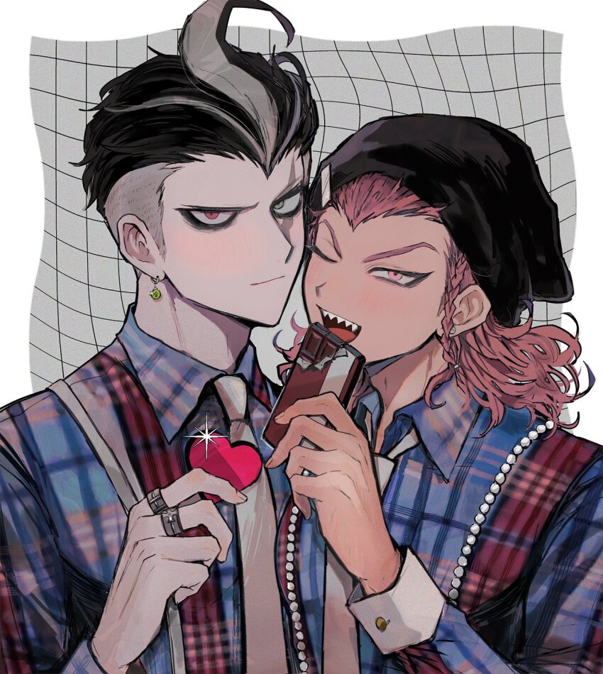 2boys beanie black_hair black_hat braid candy chocolate chocolate_bar closed_mouth collared_shirt commentary_request danganronpa_(series) danganronpa_2:_goodbye_despair earrings food grey_eyes grey_hair grid_background hair_slicked_back hat heterochromia highres holding holding_chocolate holding_food jewelry jitome joonoyuki long_sleeves looking_at_viewer male_focus medium_hair multicolored_hair multiple_boys multiple_rings one_eye_closed piercing pink_eyes pink_hair plaid_clothes plaid_shirt ring scar scar_across_eye scar_on_face sharp_teeth shirt side_braid sleeve_cuffs smile soda_kazuichi streaked_hair stud_earrings tanaka_gundham teeth upper_body upper_teeth_only widow&#039;s_peak wing_collar