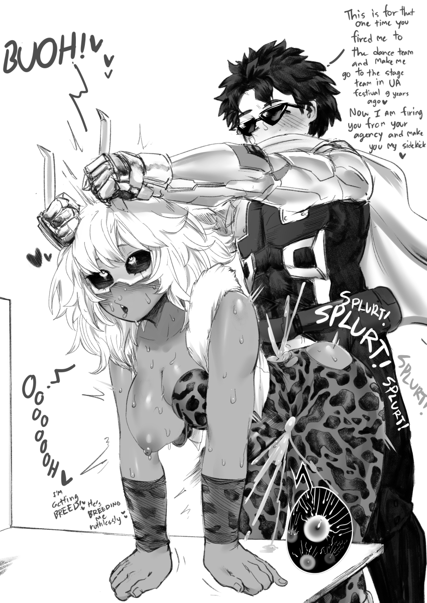 1boy 1girl absurdres amano44 arm_support arms_up ashido_mina behind_another bent_over blush bodysuit boku_no_hero_academia cape closed_eyes cum cum_overflow dark-skinned_female dark_nipples dark_skin english_text eye_mask fertilization freckles fucked_silly grey_hair heart heart-shaped_pupils hetero highres horn_grab horns implied_sex impregnation long_hair mask midoriya_izuku monochrome nipples one_breast_out outstretched_arms ovum rolling_eyes saliva short_hair smile snot sperm_cell standing stomach_bulge sunglasses sweat symbol-shaped_pupils torn_bodysuit torn_clothes vest