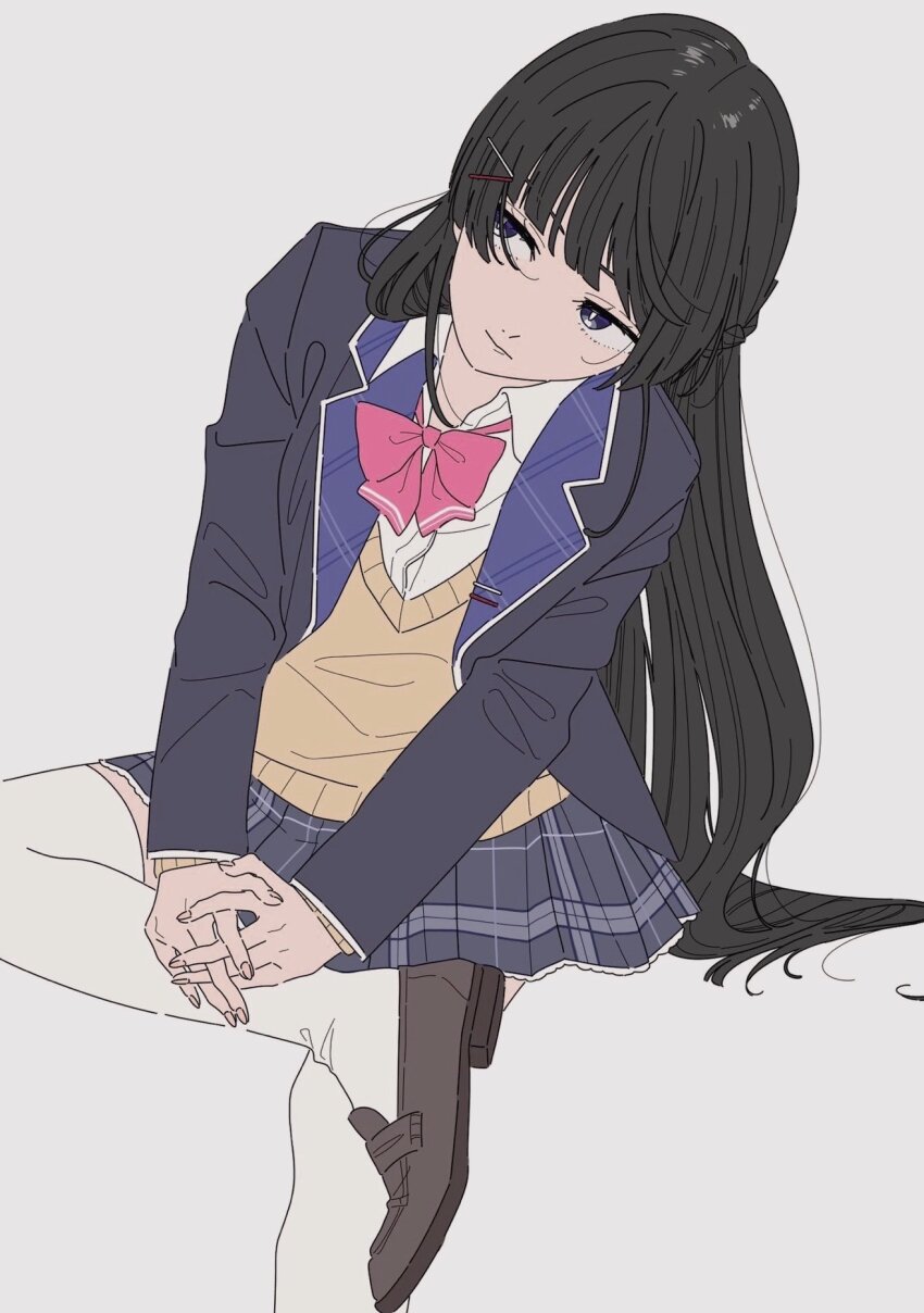 1girl black_hair blazer blue_eyes blue_skirt blunt_bangs brown_shoes cardigan collared_shirt hair_ornament hairpin head_tilt highres invisible_chair jacket kamatama_rom kneehighs long_sleeves nijisanji open_clothes pleated_skirt shirt shoes simple_background sitting skirt socks solo tsukino_mito virtual_youtuber white_background white_shirt