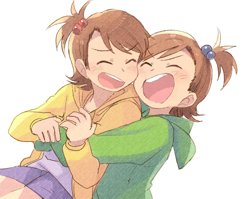2girls blush brown_hair closed_eyes futami_ami futami_mami green_jacket hair_bobbles hair_ornament highres hood hood_down hooded_jacket hug hug_from_behind idolmaster idolmaster_(classic) idolmaster_1 jacket multiple_girls open_clothes open_jacket open_mouth short_hair siblings side_ponytail simple_background sisters smile teeth tsubobot twins upper_teeth_only white_background yellow_jacket