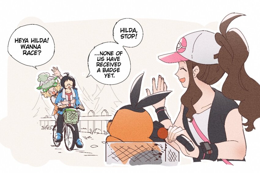 1boy 2girls :d :o ^_^ ahoge arm_up baseball_cap bianca_(pokemon) bicycle bicycle_basket black_pants black_vest blonde_hair blue_jacket blue_shoes brown_hair cheren_(pokemon) closed_eyes commentary cottonee creatures_(company) english_commentary english_text faceless faceless_male fence game_freak gen_5_pokemon glasses green_hat hat hilda_(pokemon) holding jacket miiyokoe multiple_girls nintendo open_clothes open_mouth open_vest orange_vest pants pokemon pokemon_(creature) pokemon_bw shirt shoes short_hair sidelocks sleeveless sleeveless_shirt smile speech_bubble tepig vest white_hat white_shirt